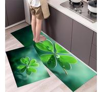 MLSOWM Four-Leaf Clover Kitchen Rugs Sets of 2, Non Slip Washable Misty Grass Kitchen Mat, Runner Rug Green Floor Carpet for Dining Room, Hallways and Entryway 50x80cm+50x150cm
