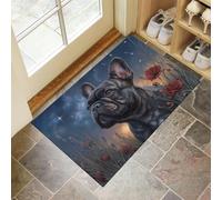 MLSOWM French Bulldog Welcome Mats Dreamy Flower Fields Under Night Sky Indoor Door Mat Dirt Trapper Doormats with Non Slip Rubber Backing Entrance Decorative for Porch, Inside, 50 x 80 cm, Blue-Gray