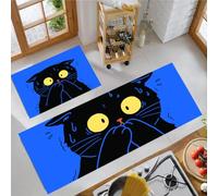 MLSOWM Funny Animals Kitchen Rug Set of 2, Bright Blue | Non Slip Surprised Black Cat Kitchen Mats Washable, Low Pile for Floor, Entryway, Bathroom, Hallway, Laundry Room, 43x75cm+43x120cm
