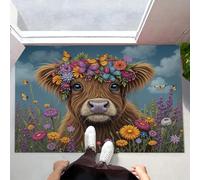 MLSOWM Garland Highland Cattle Door Mat Washable Sky Blue Welcome Mats 60 x 90 cm Low Pile Non Slip Doormats Pastoral Style Small Carpet for Entrance Bedroom Dining Room Bedside