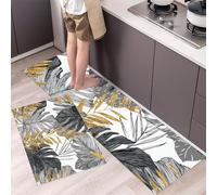 MLSOWM Gold Foil Palm Leaves Kitchen Rugs Sets of 2 Non Slip Washable Line Art Kitchen Rugs and Mats Runner Rug Floor Carpet for Laundry, Hallways, Floor 43x75cm+43x150cm Grey