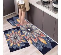 MLSOWM Hand Drawn Mandala Kitchen Rugs Sets of 2, Non Slip Washable Geometric Flowers Kitchen Mat, Runner Rug Dark Blue Floor Carpet for Dining Room, Hallways and Entryway 40x60cm+40x120cm