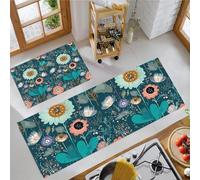MLSOWM Happy Garden Kitchen Rug Sets, 2 Piece Non Slip Kitchen Mats Bohemian Style Runner Set with Rubber Backing Super Absorbable Washable Floor Mats 50x80cm+50x150cm Blue-Green