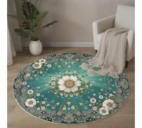 MLSOWM Indian Flowers Round Area Rug, 160 cm Emerald Green Circle Rug Machine Washable Traditional Persian Non Slip Round Rugs for Living Room Hallway Bedroom Dining Room