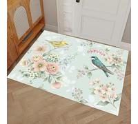 MLSOWM Indoor Door Mats, Elegant Dirt Trapper Washable Mat Retro Floral Bird Low-Profile Doormat with Non Slip Backing for Entrance, Inside, Kitchen, Front Back Door, 60 x 120 cm, Light Green