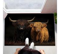 MLSOWM Indoor Door Mats, Surrealism Dirt Trapper Washable Mat Highland Cattle Low-Profile Doormat with Non Slip Backing for Entrance, Inside, Kitchen, Front Back Door, 60 x 90 cm, Brown
