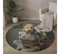 MLSOWM Interesting Animals Round Rugs for Living Room, 90cmLabrador Retriever Reading A Newspaper Soft Fluffy Carpet Rugs Non Slip Non Shedding Circle Rug for Bedroom Office Dining Lounge, Green