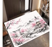MLSOWM Japanese Retro Scenery Door Mat Indoor, 90 x 150 cm Non-Slip, Washable, | Cherry Blossoms Pagoda Architecture Low Profile Doormat, Stain Resistant Floor Carpet for High-Traffic Areas, Hallways
