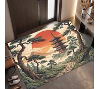 MLSOWM Japanese Retro Style Indoor & Outdoor Door Mat, 90 x 150 cm | Pagoda Red Sun Pine Tree Short Profile Doormat, Anti-skid & Machine Cleanable, Soft Texture, Entryway Rug Ideal for Small Spaces
