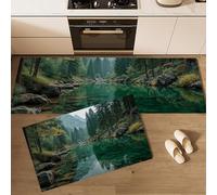 MLSOWM Kitchen Rug Set 43x75cm+43x150cm Non Slip Washable Mountain Lakes Kitchen Floor Mat Quiet Valley Comfort Standing Mats for Sink, Hallway, Dining Room,Office, Emerald Green