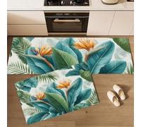 MLSOWM Kitchen Rugs Sets of 2 Bird Of Paradise Illustration Anti Fatigue Kitchen Floor Mat Non Slip Tropical Plants Runner Rug Comfort Standing Mats for Office, Sink, Hallway, Green, 40x60cm+40x120cm