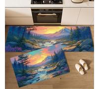 MLSOWM Kitchen Rugs Sets of 2 Mountain Forests Streams Non Slip Kitchen Mats Washable Runners Rugs Japanese Fairy Tale Standing Floor Mat for Hallway and Entrance, 43x75cm+43x120cm, Emerald Green