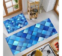 MLSOWM Kitchen Rugs Sets of 2 Non Slip Cube Geometry Kitchen Mat Set Washable Runner Rug Mosaic Elements Floor Carpet for Laundry, Hallway, Office Standing, 43x75cm+43x120cm, Blue