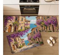 MLSOWM Kitchen Rugs Sets of 2 Seaside Alley Non Slip Kitchen Mats Washable Runners Rugs Romantic Architecture Soft Standing Floor Mat for Hallway, Dining Room and Entrance, 40x60cm+40x120cm, Yellow