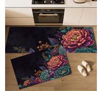 MLSOWM Kitchen Runner Mats Non Slip Washable Surrealism Kitchen Rugs Peony Watercolor Painting Anti Fatigue Standing Mat Absorbent and Stain-Resistant Floor Mats, Blue-Green, 50x80cm+50x150cm