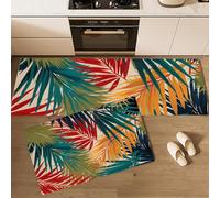 MLSOWM Kitchen Runner Rug 2 Pieces, Absorbent Tropical Palm Leaves Kitchen Mats with Nonslip Backed Beach Theme Carpet Rugs Soft & Machine Washable, 40x60cm+40x120cm Green