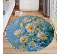 MLSOWM Light Blue Round Rug 160cm, Daisy In The Water Non Slip Area Rugs for Bedroom, Low Pile Non-Shedding Circle Rug Machine Washable Abstract Oil Painting Carpets for Living Dining Room Nursery
