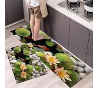 MLSOWM Lotus Leaves And Pebbles Kitchen Rugs Sets of 2 Non Slip Washable Pond Landscape Kitchen Rugs and Mats Runner Rug Floor Carpet for Laundry, Hallways, Floor 43x75cm+43x150cm Green