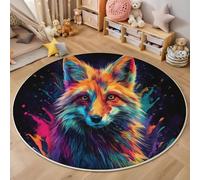 MLSOWM Low Pile Round Rugs 160cm, Fox Portrait Non-Slip Washable Area Rug Splashed Ink Art 6mm Thin Round Carpet Non Shedding for Kids Room, Beside Sofa, Office, Five Colors