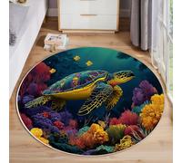 MLSOWM Low Pile Round Rugs 60cm, Turtle Coral Reef Non-Slip Washable Area Rug Marine Ecology 6mm Thin Round Carpet Non Shedding for Kids Room, Beside Sofa, Office, Blue-Green