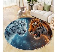 MLSOWM Low Pile Round Rugs 90cm, Snow Leopard And Tiger Non-Slip Washable Area Rug Water And Fire Are Incompatible 6mm Thin Round Carpet Non Shedding for Kids Room, Beside Sofa, Office, Brown