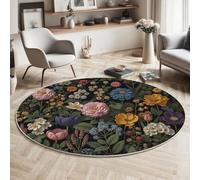 MLSOWM Lush Garden Area Rugs 120cm Round Rugs Non-Slip Washable Flowers And Plants Floor Carpet Short Pile Circle Rug for Bedside Bedroom Living Room Kids Room Decor, Green