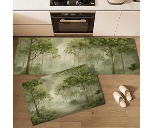 MLSOWM Magic Forest Kitchen Rug Set 2 with TPR Non Skid Backing Forest Trail In The Mist Kitchen Floor Mat Runner Rugs for Hallway Laundry Entrance Decor, Sage Green 50x80cm+50x150cm