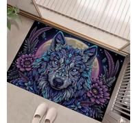 MLSOWM Mandala Art Door Mat 50 x 80 cm Entryway Rug Machine Washable Non Slip Ethnic Style Wolf Head Doormat Soft Small Rug Low-Pile Thin Carpet for Kitchen Bedroom Bathroom, Neon Blue