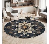 MLSOWM Mandala Lotus Round Rugs 90 cm Area Rugs Anti Slip Machine Washable Surrealism Carpet Low Pile Rug Non-Shedding for Dining Room, Bedroom, Living Room, Black