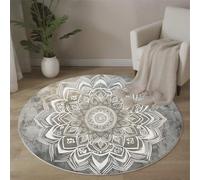 MLSOWM Mandala Round Rug 120 cm, Machine Washable Rug Ancient Stone Wall Non Slip Floor Carpet, Low Pile Area Rugs for Living Room Bedroom Kitchen Nursery Lounge Office Entryway, Grey