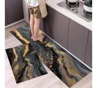 MLSOWM Modern Luxury Kitchen Rug Sets 2 Piece, 43x75cm+43x120cm Non Slip Kitchen Mats Washable Abstract Liquid Marble Floor Mat Carpet Runner Rugs for Hallway Laundry Office Decor, Charcoal Black