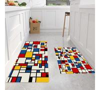 MLSOWM Mondrian Style Kitchen Rug Mat Sets, Long Floor Mats Non Slip Washable, 2 Pieces Linear Geometry Carpet Runner Rugs for Hallway, Dining Room and Entrance, 50x80cm+50x150cm, Red