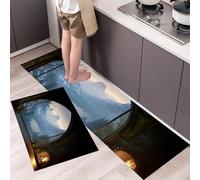MLSOWM Mountains And Lakes Kitchen Rug Sets, 2 Piece Non Slip Kitchen Mats Arched Windows Runner Set with Rubber Backing Super Absorbable Washable Floor Mats 50x80cm+50x150cm Light Blue