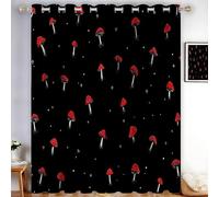 MLSOWM Mushrooms And Stars Blackout Curtains - Super Soft Thermal Insulated Curtain Rural Theme Darkening & Energy Eyelet Curtains, W 66" x L 72", Black And Red,2 Panels