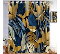 MLSOWM Navy Blue Leaves Blackout Curtains, Large Tropical Flowers Drop Curtains 2 Panels W 46" x L 54", Thermal Eyelet Drapes Window Treatments for Bedroom living Room, Mustard Yellow