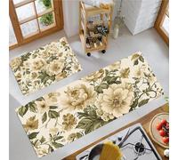 MLSOWM Non Slip Kitchen Rug Set, Water Absorbent Peony Flowers Floor Mats, Rural Pastoral Style Kitchen Carpets and Rugs for Home Dining Room and Entryway, Off White 40x60cm+40x120cm 2 Pieces