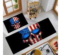 MLSOWM Non Slip Kitchen Rug Set, Water Absorbent Skull Floor Mats, American Flag Kitchen Carpets and Rugs for Home Dining Room and Entryway, Black 50x80cm+50x150cm 2 Pieces