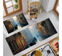MLSOWM Non Slip Kitchen Rug Set, Water Absorbent Venice'S Ancient Canals Floor Mats, Italian Architecture Kitchen Carpets and Rugs for Home Dining Room and Entryway, Brown 50x80cm+50x150cm 2 Pieces