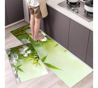 MLSOWM Orchid Bamboo Leaves Kitchen Rugs Sets of 2, Non Slip Washable Meditation Theme Kitchen Mat, Runner Rug Green Floor Carpet for Dining Room, Hallways and Entryway 40x60cm+40x120cm