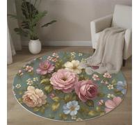 MLSOWM Pastoral Floral Round Rug 90cm Short Pile Area Rug with Non-Slip Backing Retro English Garden Super Soft Circle Rugs Washable Floor Mat for Entryway Living Room Bedroom, Sage Green