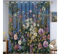 MLSOWM Pastoral Style Blackout Curtains 54 Inch Drop 2 Panels Spring Wildflower Field Eyelet Curtains Thermal Insulated Window Drapes for Bedroom Living Room, Blue And Green
