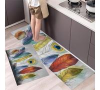 MLSOWM Peacock Feathers Kitchen Rug Sets, 2 Piece Non Slip Kitchen Mats Bohemia Runner Set with Rubber Backing Super Absorbable Washable Floor Mats 50x80cm+50x150cm Grey