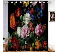 MLSOWM Peonies And Poppies Curtains Eyelet Blackout Room Darkening Curtains Flower Still Life Light Blocking Window Drapes for Bedroom Living Room W 66" x L 72" Drop 2 Panels, Black