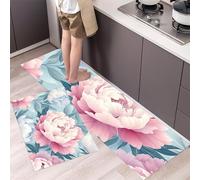 MLSOWM Peony Flowers Kitchen Rugs Sets of 2 Non Slip Washable Watercolor Clipart Kitchen Rugs and Mats Runner Rug Floor Carpet for Laundry, Hallways, Floor 43x75cm+43x120cm Pink