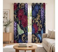 MLSOWM Peony, Moon Moth Blackout Curtains for Bedroom 90 inch Drop Dark Luxury Eyelet Curtains Thermal Insulated Curtain with Black Liner for Living Room Nursary Blossom, Crimson