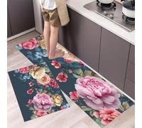 MLSOWM Peony Watercolor Painting Kitchen Rugs Sets of 2, Non Slip Washable Retro Flowers Kitchen Mat, Runner Rug Navy Blue Floor Carpet for Dining Room, Hallways and Entryway 40x60cm+40x120cm