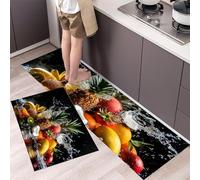 MLSOWM Pineapple Kiwi Kitchen Rug Sets, 2 Piece Non Slip Kitchen Mats Tropical Fruits Runner Set with Rubber Backing Super Absorbable Washable Floor Mats 43x75cm+43x120cmBlack