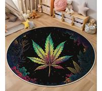 MLSOWM Psychedelic Plants Round Rug 100cm, Non Slip Area Rugs Blacklight Cannabis Leaves Soft Machine Washable Circle Carpet Indoor Mat Decor for Bedroom Living Room, Green