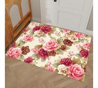 MLSOWM Retro Floral Indoor Doormat 90 x 150 cm - Non Slip Welcome Front Doormat Elegant Roses Soft Low-Profile Accent Rug for Entryway, Front Back Door, Dark Red