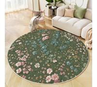 MLSOWM Retro Pastoral Style Area Rug - 120cm Round Rug Machine Washable Lush Small Floral Patterns Floor Carpet Short Pile Soft Circle Rug for Living Room Bedroom Kids Room Decor, Olive Green